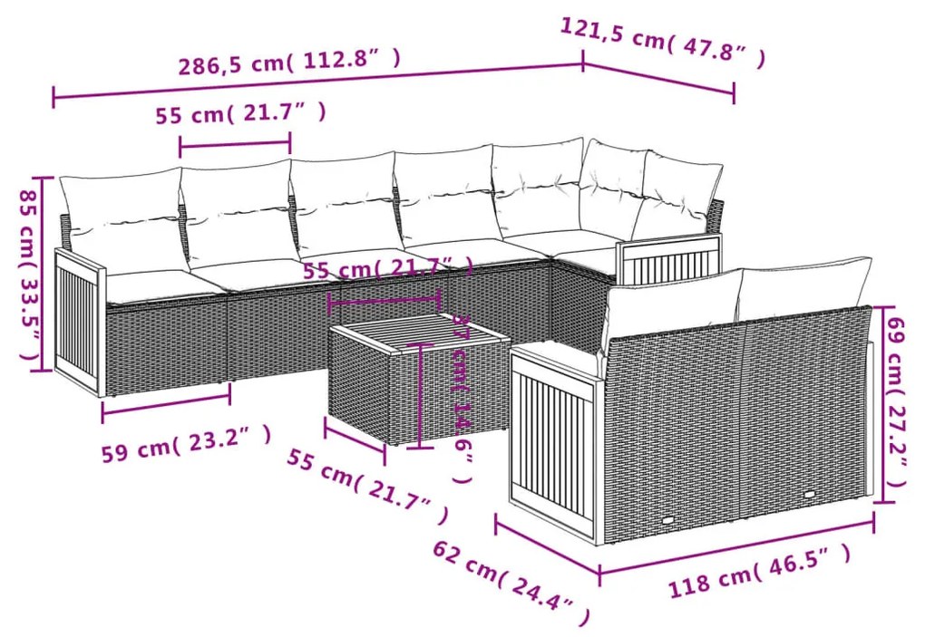 9 részes fekete polyrattan kerti ülőgarnitúra párnákkal