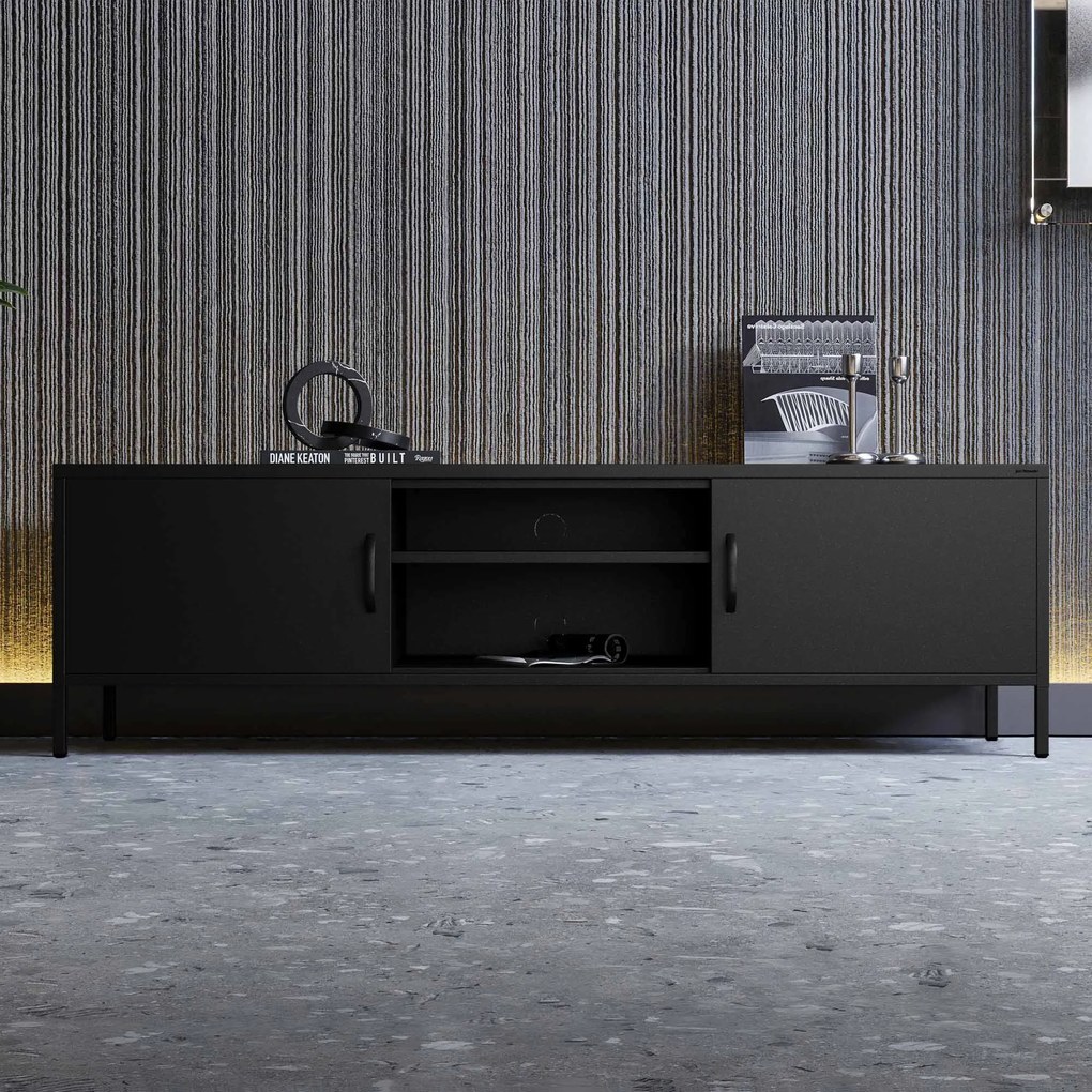 TV-szekrény fém széles XL lábakon fekete, 1700x400x500 mm: ROSARIA