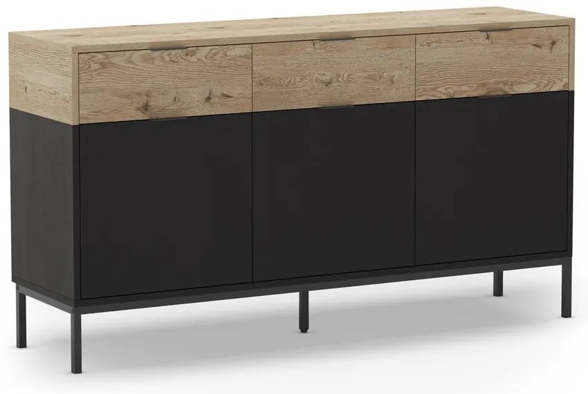 Fekete-natúr színű alacsony komód tölgyfa dekorral 150x80 cm Marion – Marckeric