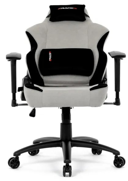 Scaun pivotant gamer, material argintiu, structură balansoar, poziționare spătar 90°-180°, cotiere 3D, perne din spumă cu memorie