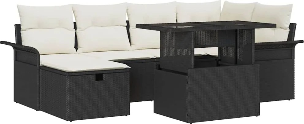 vidaXL Kerti Kanapé Szett párnával tárolóval 7 pcs Fekete Poli rattan