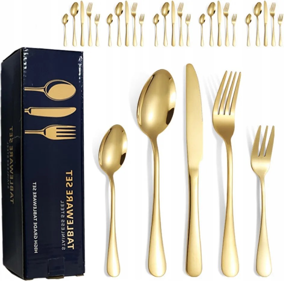 Acél Evőeszköz Készlet Ebéd Szerviz Evőeszköz Rozsdamentes Acél 6 Személyes arany