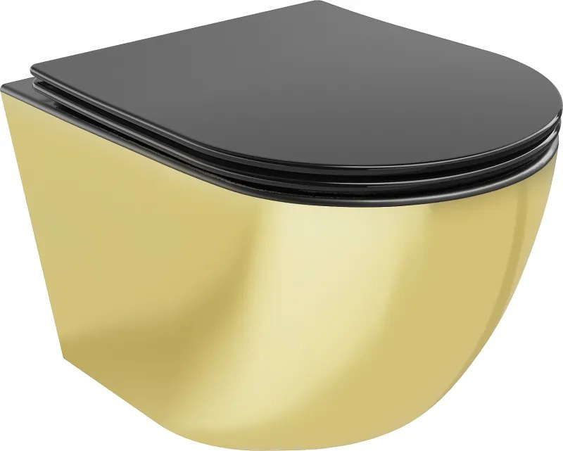 Mexen Lena Rimless WC csésze lassan záródó, vékony duroplast ülőkével, fekete matt/arany - 30224076