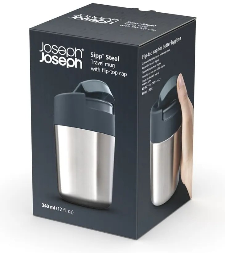 Sötétkék-fényes ezüstszínű utazóbögre 340 ml Sipp – Joseph Joseph