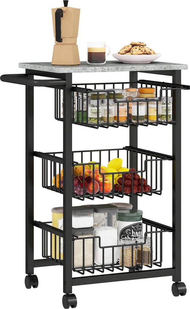 HOMCOM Konyhai Kocsi Zöldségkocsi 3 Csúszkáló Kosárral és Acél Vázszerkezettel, Görgős Segédkocsi Étkezőbe 49,5x31x69 cm Világosszürke | Aosom