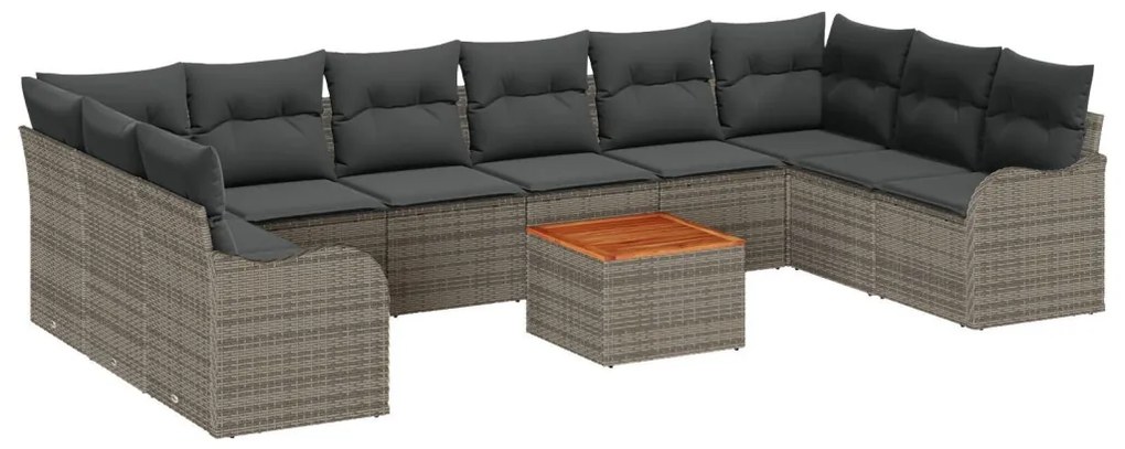 10 Darabos Kert Sofa Szett Párnákkal Szürke Poli Rattan Akácia, 2-Személyes Kert Sofa Tárolóval &amp; Párnákkal Szürke Poli Rattan