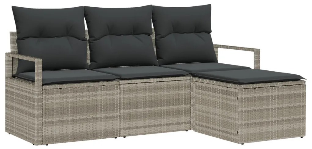 4 részes kert kanapé szett párnákkal, világosszürke, poli rattan, 2 személyes kert kanapé párnákkal, szürke, poli rattan