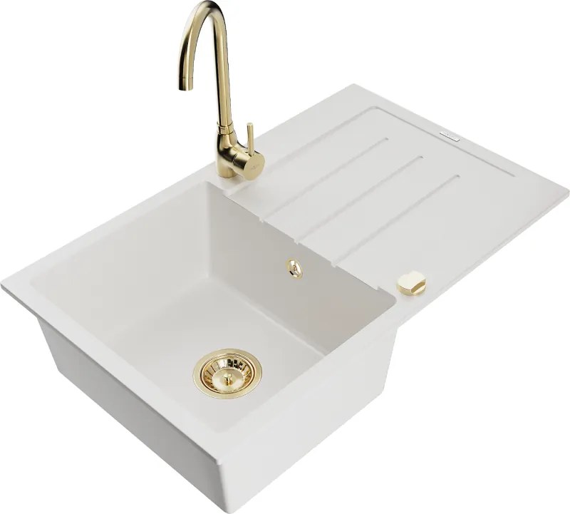 Mexen Bruno egymedencés gránit mosogatócsepegtetővel és Telma konyhai csapteleppel, fehér - 6513-20-670200-50