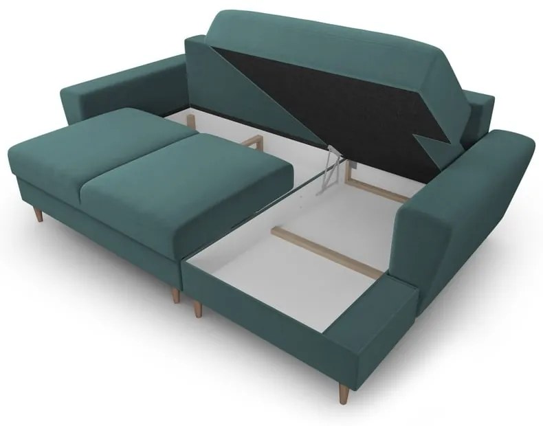Petróleum színű bársony kinyitható tárolóhelyes sarokkanapé (jobb oldali-heverő résszel) Kyoto – Cosmopolitan Design