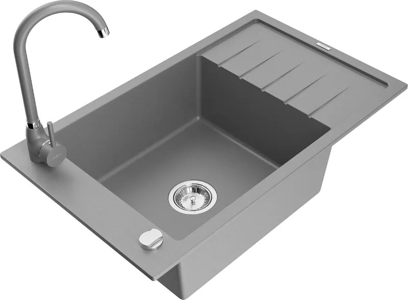 Mexen Elias gránit mosogató 1-medencés csepegtetővel és Telma konyhai csapteleppel, szürke - 6511-71-670200-71