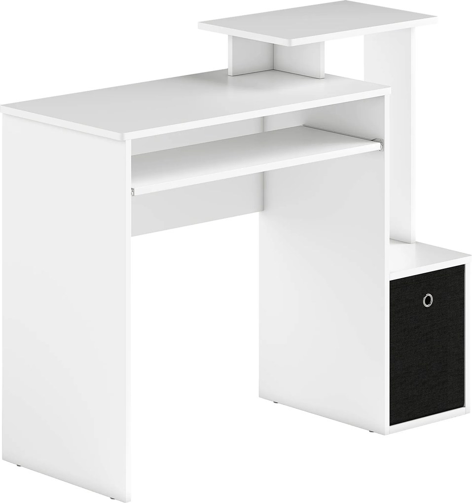 HOMCOM Multimedia Számítógép Íróasztal Polcokkal, Billentyűzet Tálcával és Kosárral, Fekete Forgácslap Fehér | Aosom