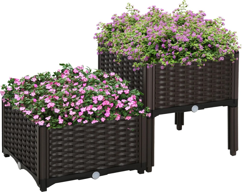 Outsunny Emelt Ágyás, Virágágyás Kifolyónyílásokkal, Rattan Hatású, Műanyag, Barna, 40 x 40 x 44 cm | Aosom