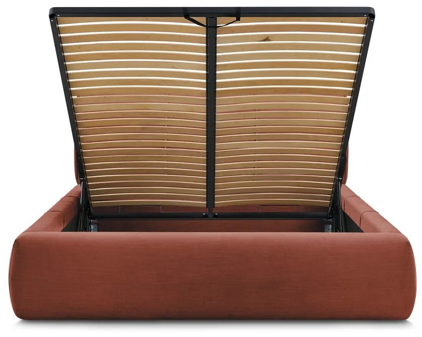 Narancssárga kárpitozott franciaágy tárolóhellyel, ágyráccsal 180x200 cm Vernon – Bobochic Paris