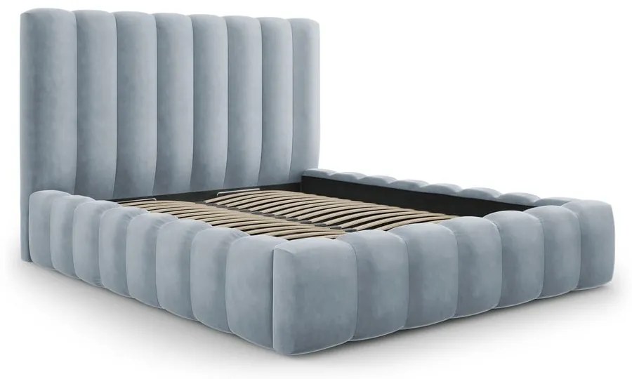 Világoskék kárpitozott franciaágy tárolóhellyel, ágyráccsal 200x200 cm Kelp – Micadoni Home