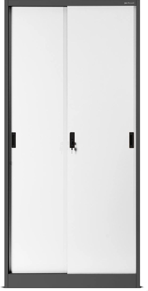 Antracit-fehér, tolóajtós fém irodai szekrény, 900x1850x400 mm: KUBA