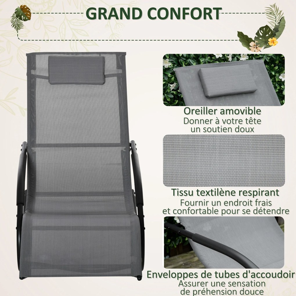 Outsunny Ergonomikus Ringató Szék Galvánbevonatú Fém Kerettel, Textilene Fejtámlával és Karfákkal, 63W x 160D x 88H cm Szürke | Aosom