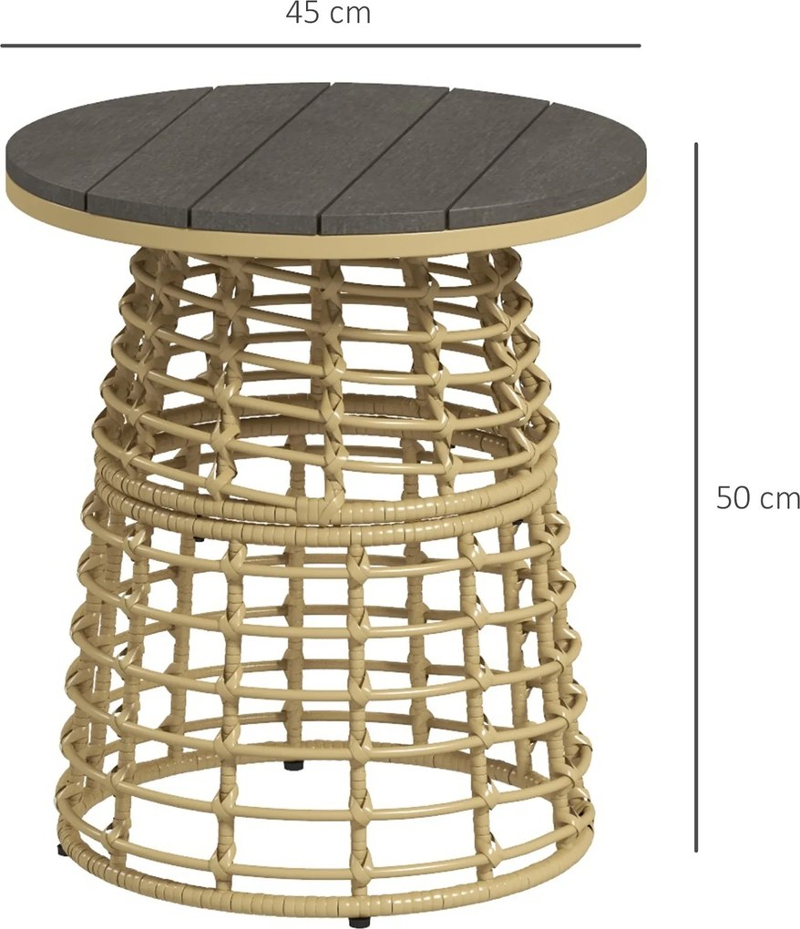 Outsunny Kerti Kávétábla, Kültéri Kerek Műgyanta Rattan-Külső Fém Oldaltábla Kompozit Toppal, Ø 45 x 50 cm Természetes | Aosom