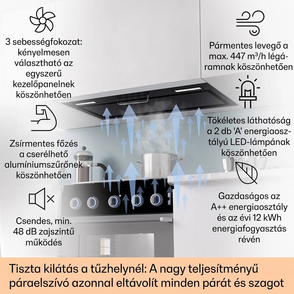 Klarstein Beépíthető páraelszívó Camila 70 cm 380 m³/ó LED touch rozsdamentes acélból