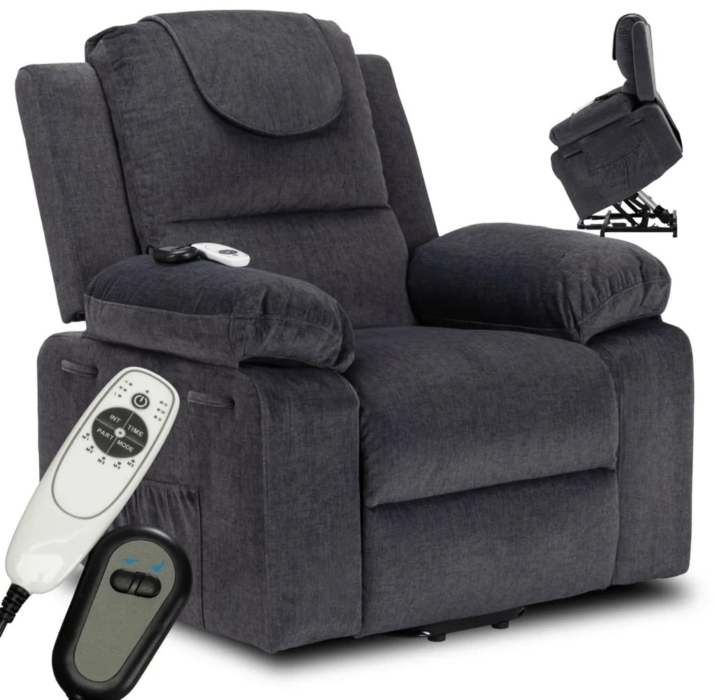 Elektromosan Vezérelhető Masszázsfunkciós Relaxfotel Sötétszürke Színben, Felállást Segítő Funkcióval. FENIX