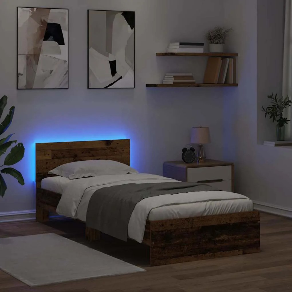 vidaXL Ágykeret LED -es lámpákkal Öreg fa 90 x 200 cm Faanyag