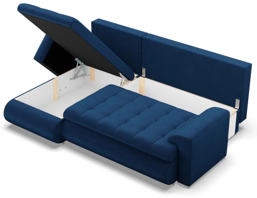 Tokio sarokkanapé, 2 ágyneműtartóval, bársony, baloldali, kék