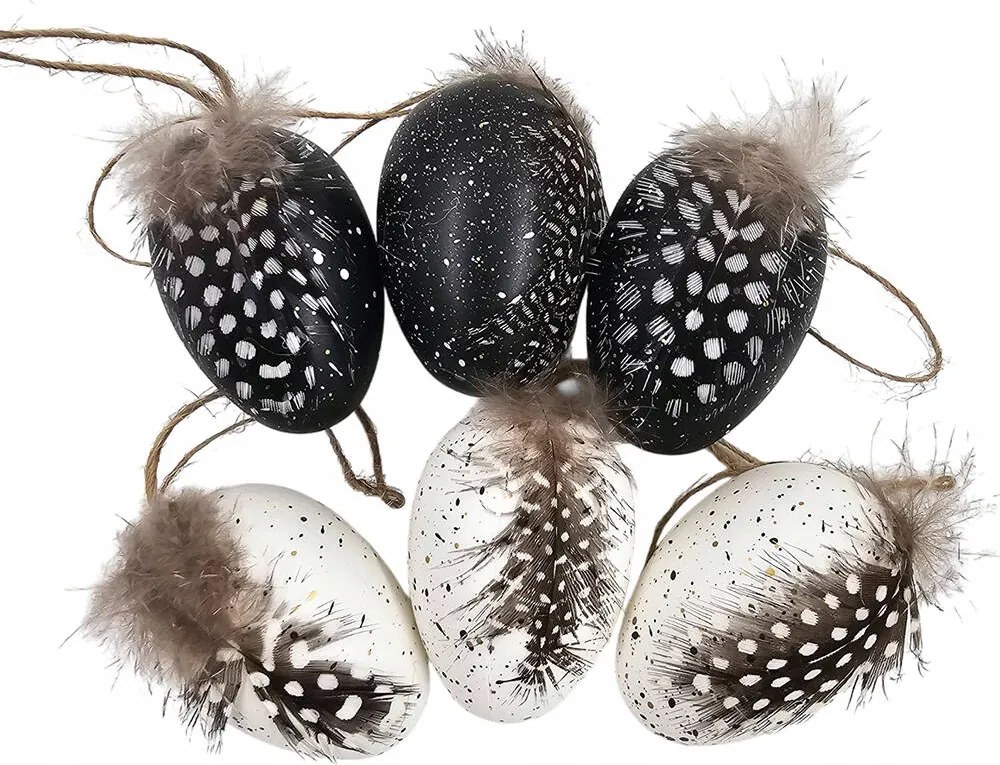Dekorációs Tojás 4x6cm medál 6db pöttyös fehér fekete tollakkal
