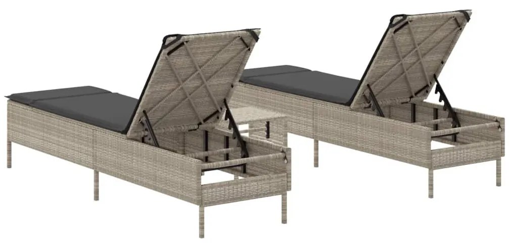 3 részes világosszürke polyrattan napozóágy szett párnával