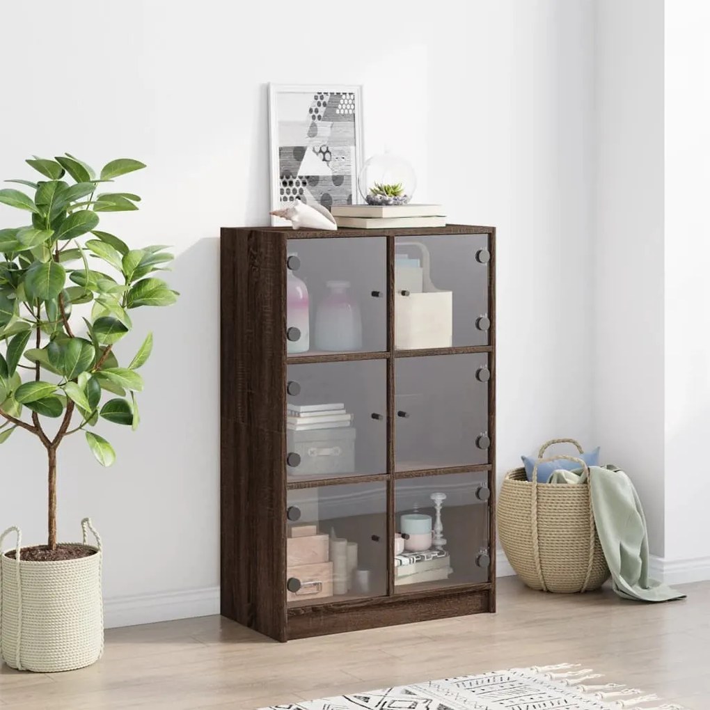 barna tölgyszínű szerelt fa magasszekrény ajtókkal 68x37x109 cm