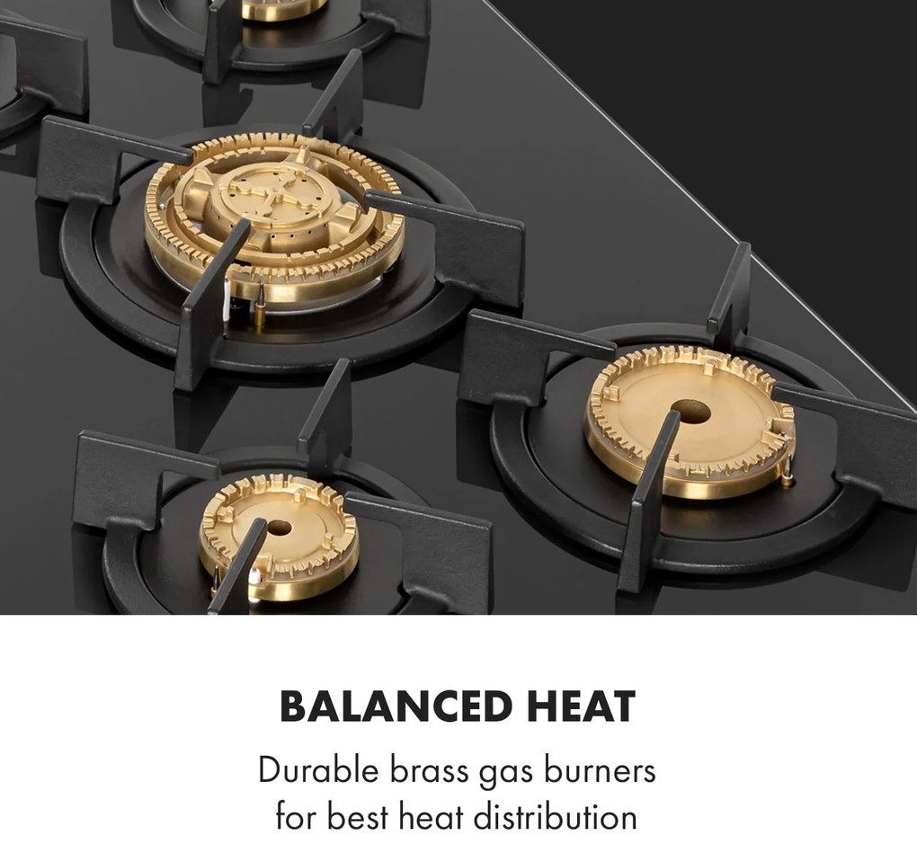 Goldflame 5, gáz főzőlap, 5 sárgaréz égőfej, üvegkerámia
