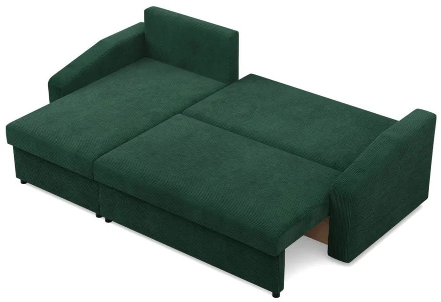 Zeus sarokkanapé, 2 ágyneműtartóval, döntött kartámasz, kordbársony, univerzális oldal, hab töltet, zöld