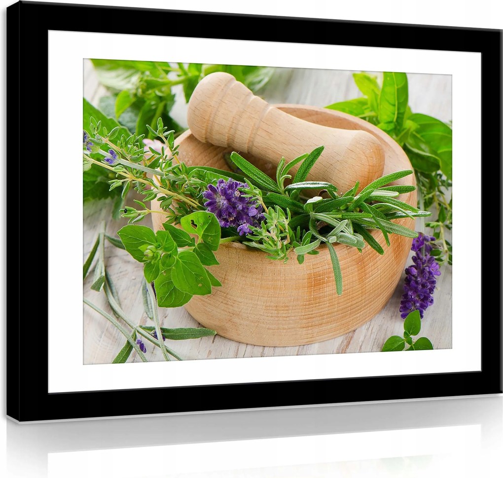 Vászonkép 70x50 Fa mozsár friss gyógynövények rozmaring kakukkfű oregánó