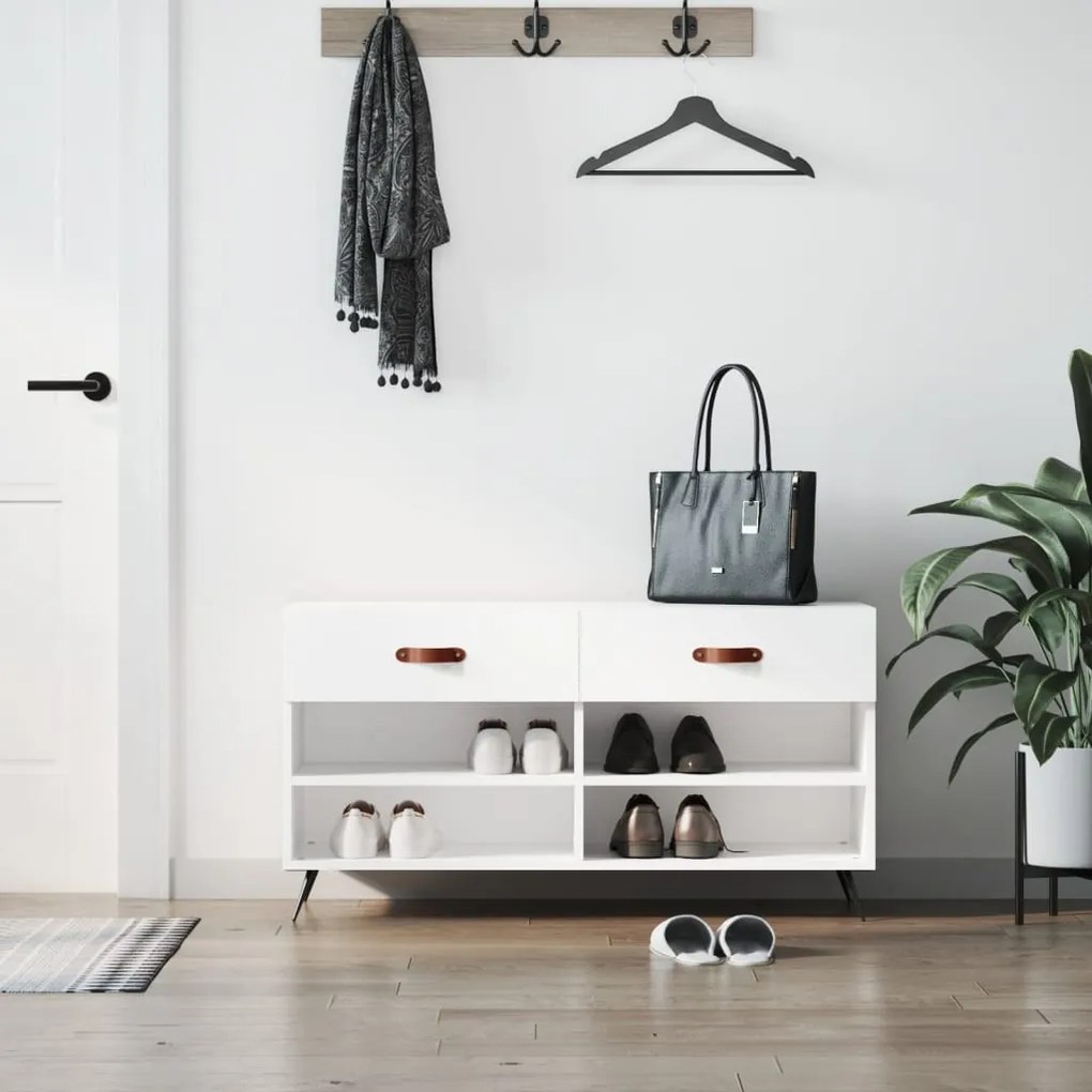 magasfényű fehér szerelt fa cipőpolc 102x35x55 cm