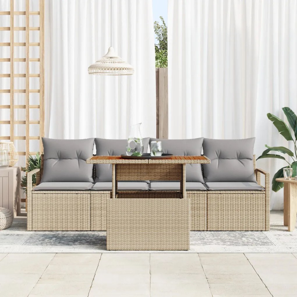 5 Darabos Kerti Kanapé Párnákkal Bézs Poli Rattan Akácia