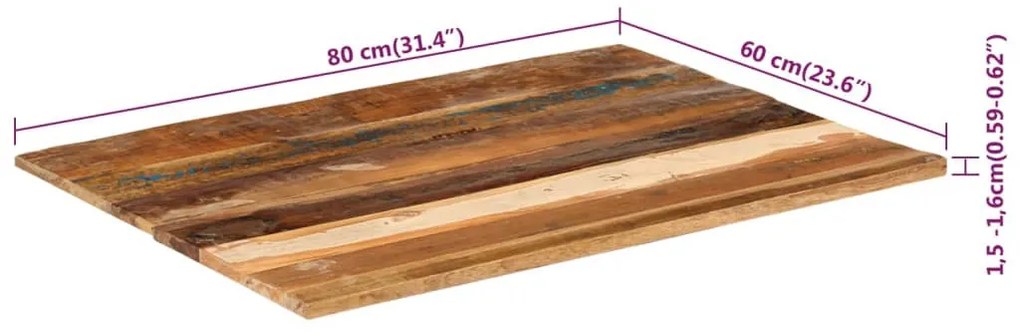 négyszögű tömör újrahasznosított fa asztallap 60x80 cm 15-16 mm