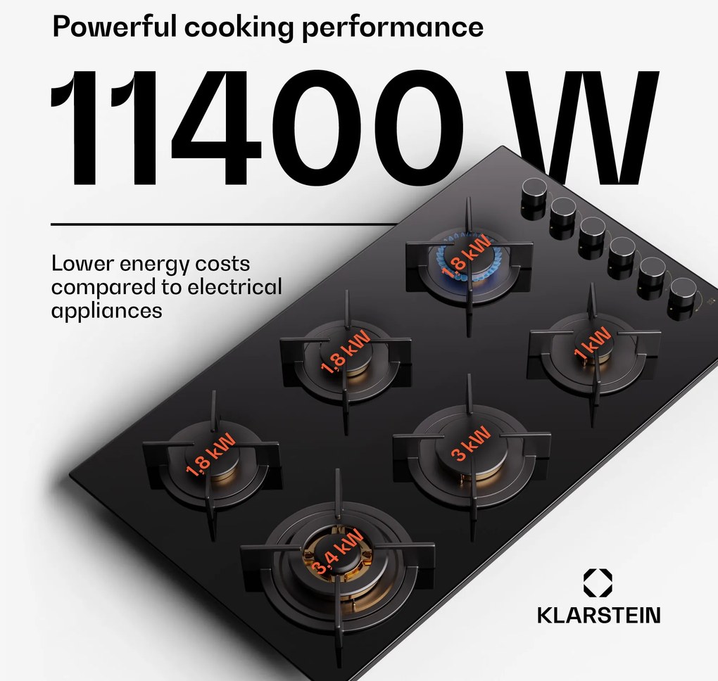 Klarstein Goldflame 6, gáz főzőlap, önálló, 6 égő, oldalsó vezérlés, gáz/propán, üvegkerámia, fekete