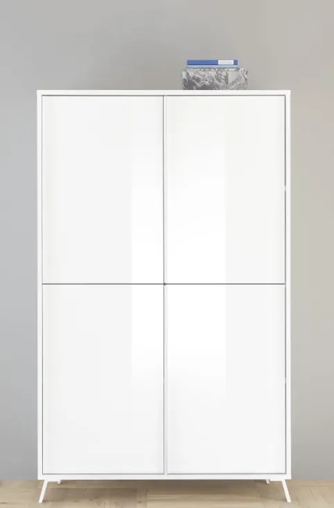 CITY négyajtós komód fehér, magasfényű lakkozott vázzal és előlapokkal