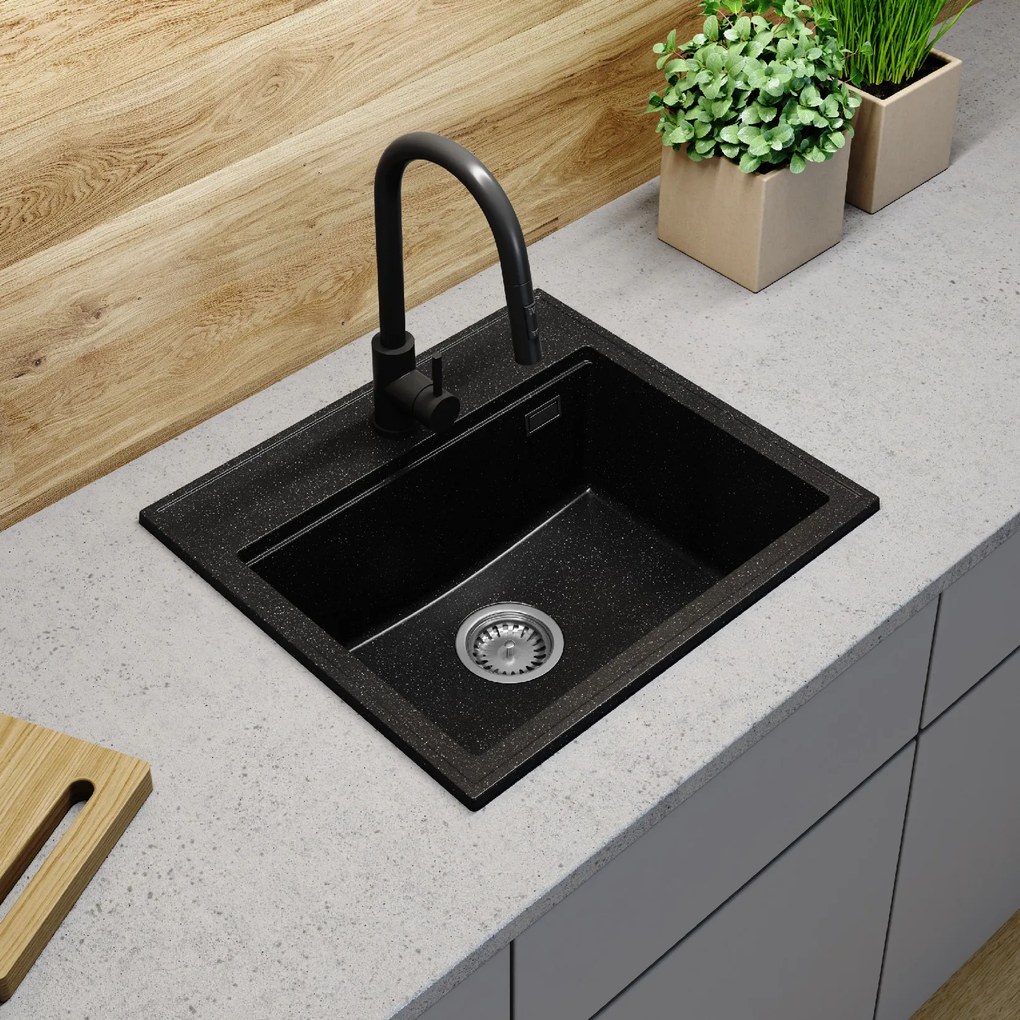 SINK Quality Mosogató minőségi Ferrum Új 5055, 1 kamrás gránit mosogató 560x500x210 mm + króm szifon, fekete foltos, SKQ-FER.5055.BP.X