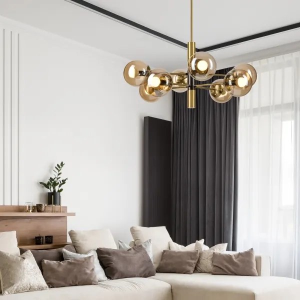 Csillár rúdon ROLLO 8xE14/5W/230V arany/füstös bézs