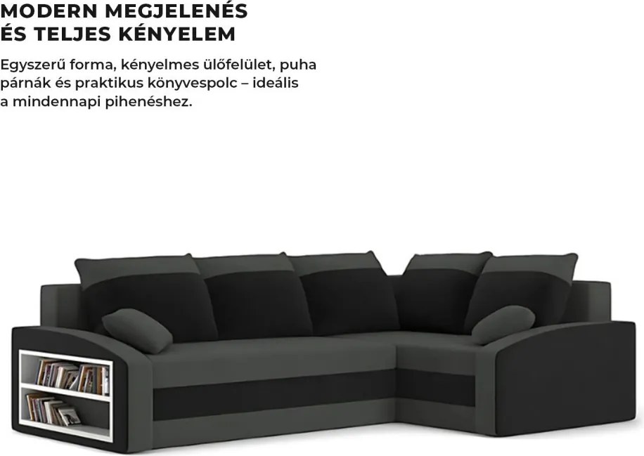 Grande sarokkanapé polcokkal , polc a bal karfaban, jobboldali, szövet anyag, hab töltet, szürke - fekete
