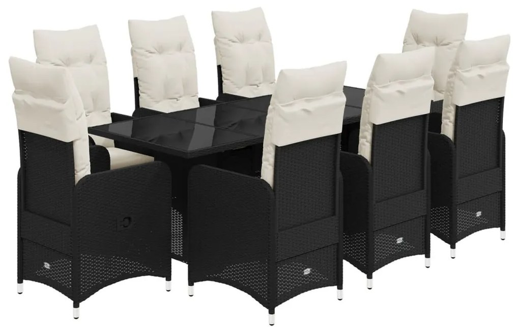 9 részes fekete polyrattan kerti bisztrógarnitúra párnákkal