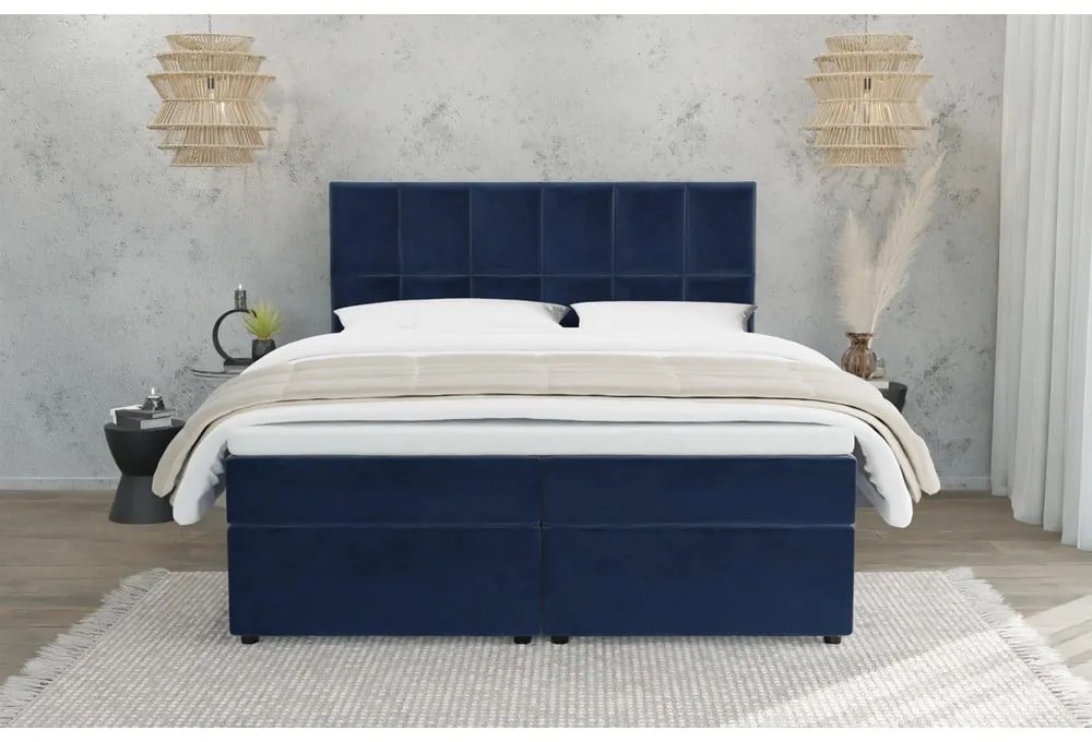 Sötétkék ágyneműtartós boxspring ágy 200x200 cm Flip – Ropez