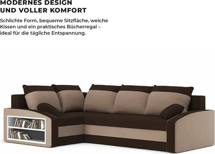 Grande sarokkanapé polcokkal , polc a bal karfaban, baloldali, szövet anyag, hab töltet, barna