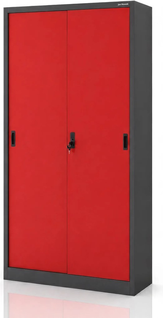 Fém irodai szekrény tolóajtókkal, antracit-piros, 900x1850x400 mm: KUBA
