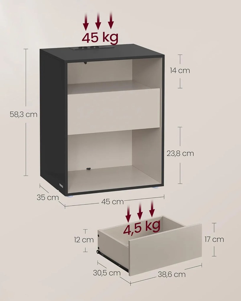 VASAGLE éjjeliszekrény, töltőfunkciós lerakóasztal, tintafekete–kapucsínó bézs