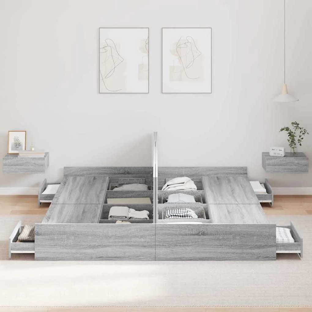 Ágykeret tárolóval fiókkal Szürke sonoma 200 x 200 cm Faanyag
