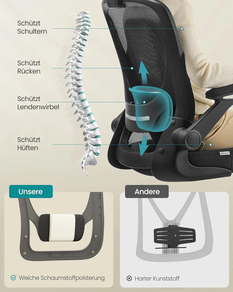 Irodai szék összecsukható karfákkal, ergonomikus számítógépes szék, fekete