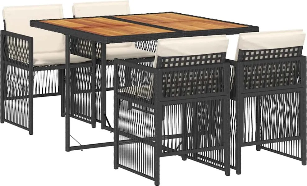 vidaXL 5 részes fekete polyrattan kerti étkezőgarnitúra párnákkal