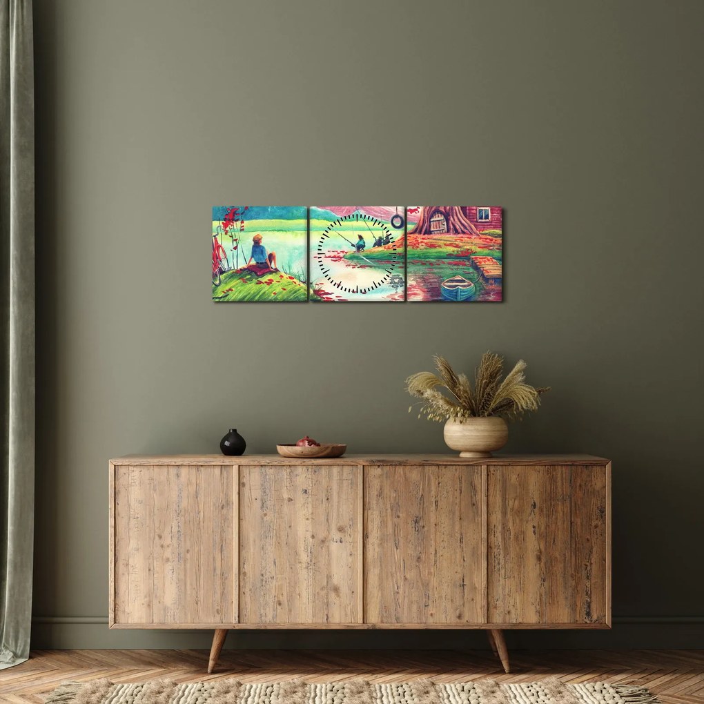 Kép - akvarell, Öböl egy hegyi faluban (órával) (90x30 cm)
