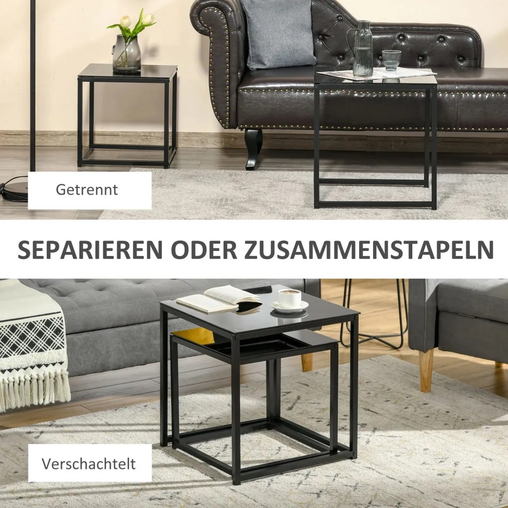 HOMCOM Dohányzóasztal 2 db-os kisasztal szett, modern dizájn, rakásolható, üvegasztal, fekete
