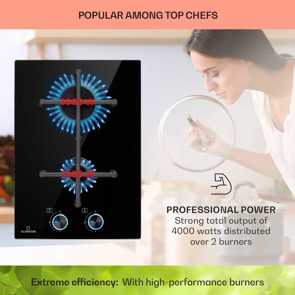 Klarstein Illuminosa Domino, gázfőzőlap, 2 Sabaf égő, üvegkerámia